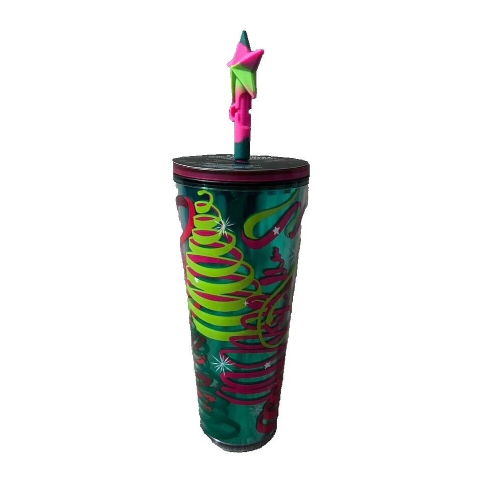 Starbucks Christmas Tumbler 2023 Holiday Ribbons & Trees Star Straw Topper New